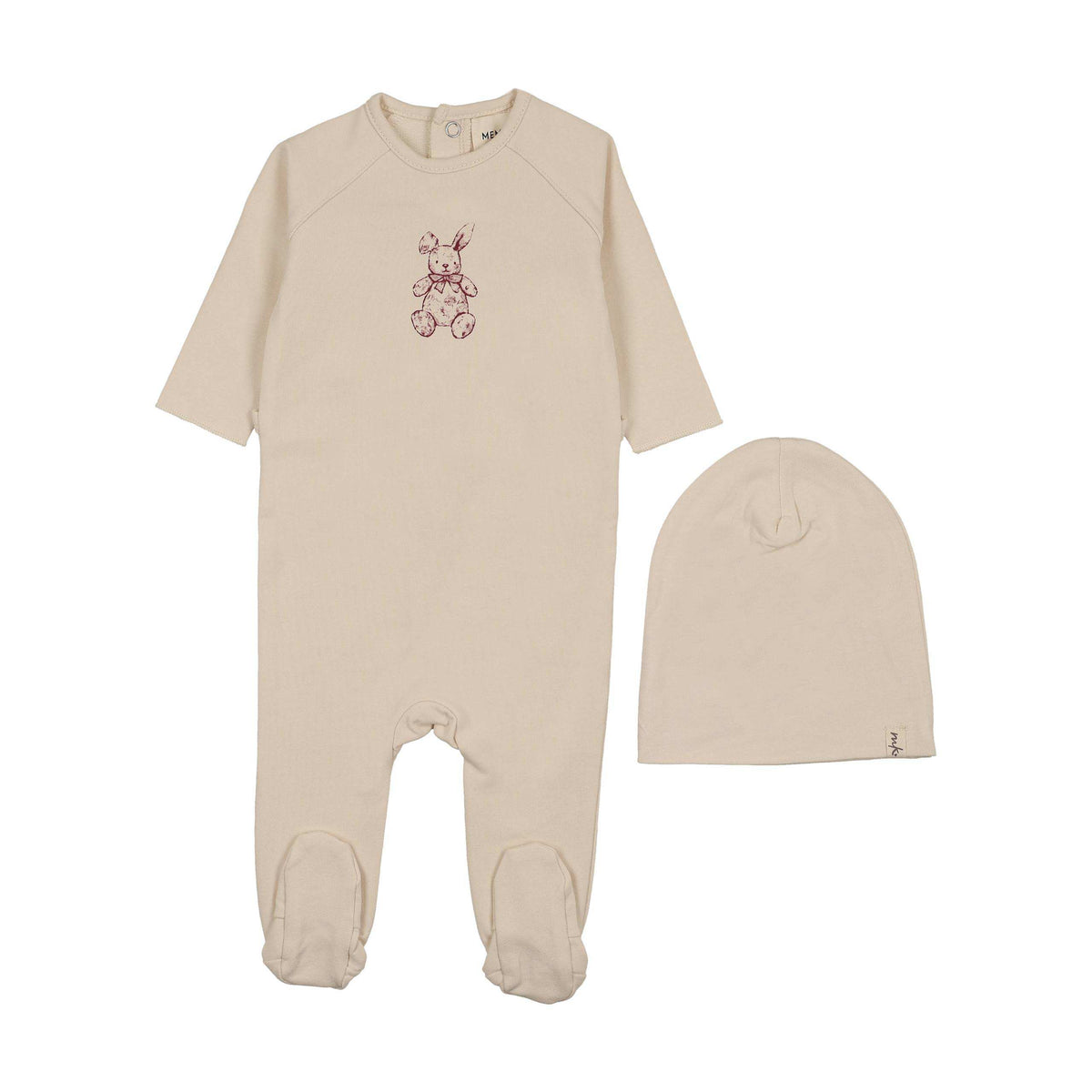 Mema Knits Rosewood Vintage Bunny Print Footie + Beanie