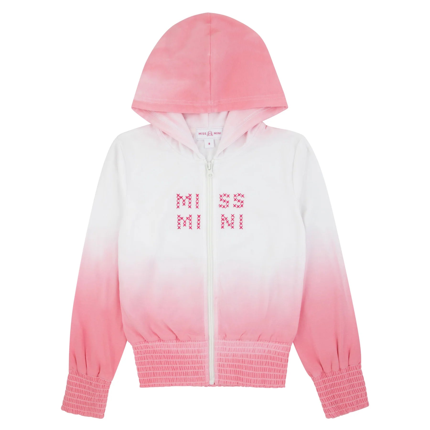 Miss Mini Cross Stitch hoodie for kids, soft cotton pullover sweatshirt with embroidered cross stitch detail