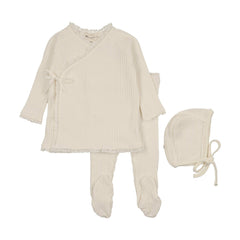 Mema Knits Ivory Waffle Ruffle Trim 2 Pc Set + Bonnet
