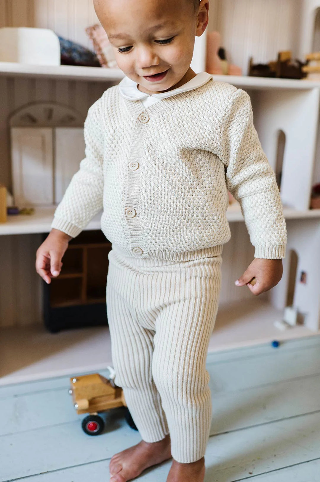 Looms Beige Bubble Knit Ribbed Overalls