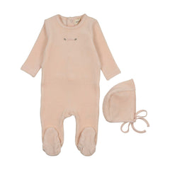 Mema Knits Baby Blush Velour Embroidery Footie + Bonnet