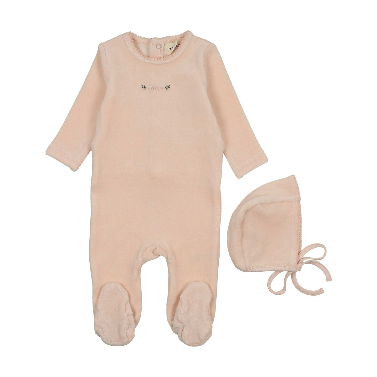 Mema Knits Baby Blush Velour Embroidery Footie + Bonnet