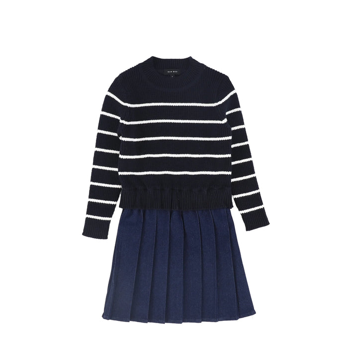 Bamboo Navy Stripe Knit Pleated Dress