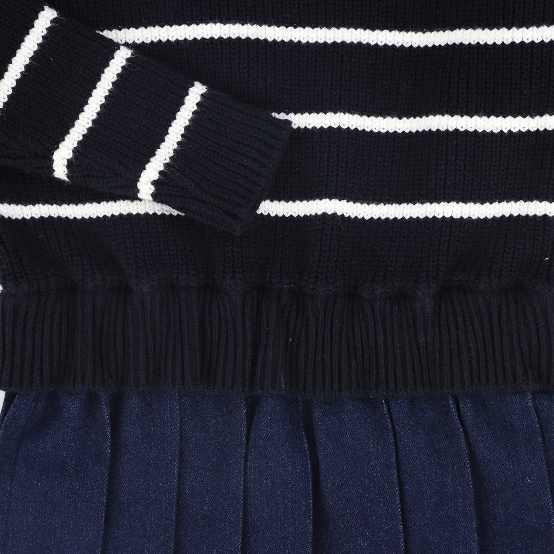 Bamboo Navy Stripe Knit Pleated Dress