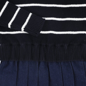 Bamboo Navy Stripe Knit Pleated Dress