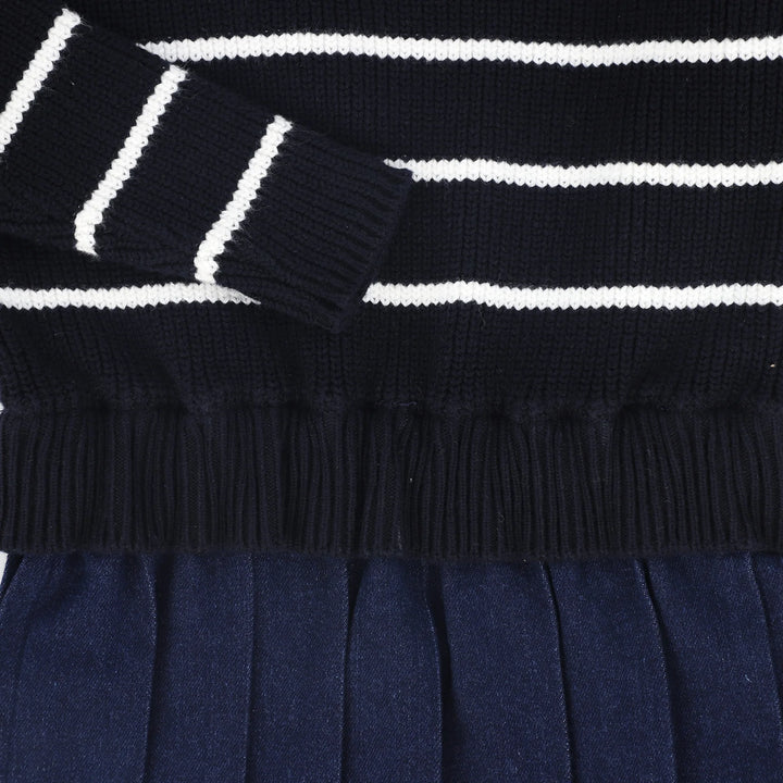 Bamboo Navy Stripe Knit Pleated Dress
