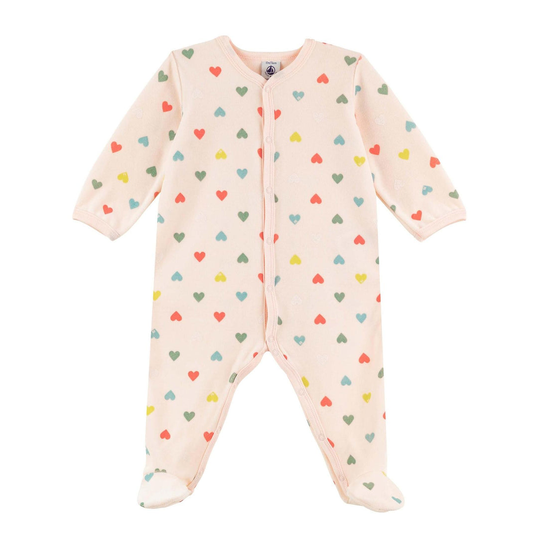 Adorable Petit Bateau pink multi-color heart sleeper for baby girls. Soft, breathable 100% organic cotton 
