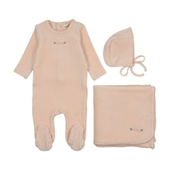 Mema Knits Baby Blush Velour Embroidered 3 Pc Set