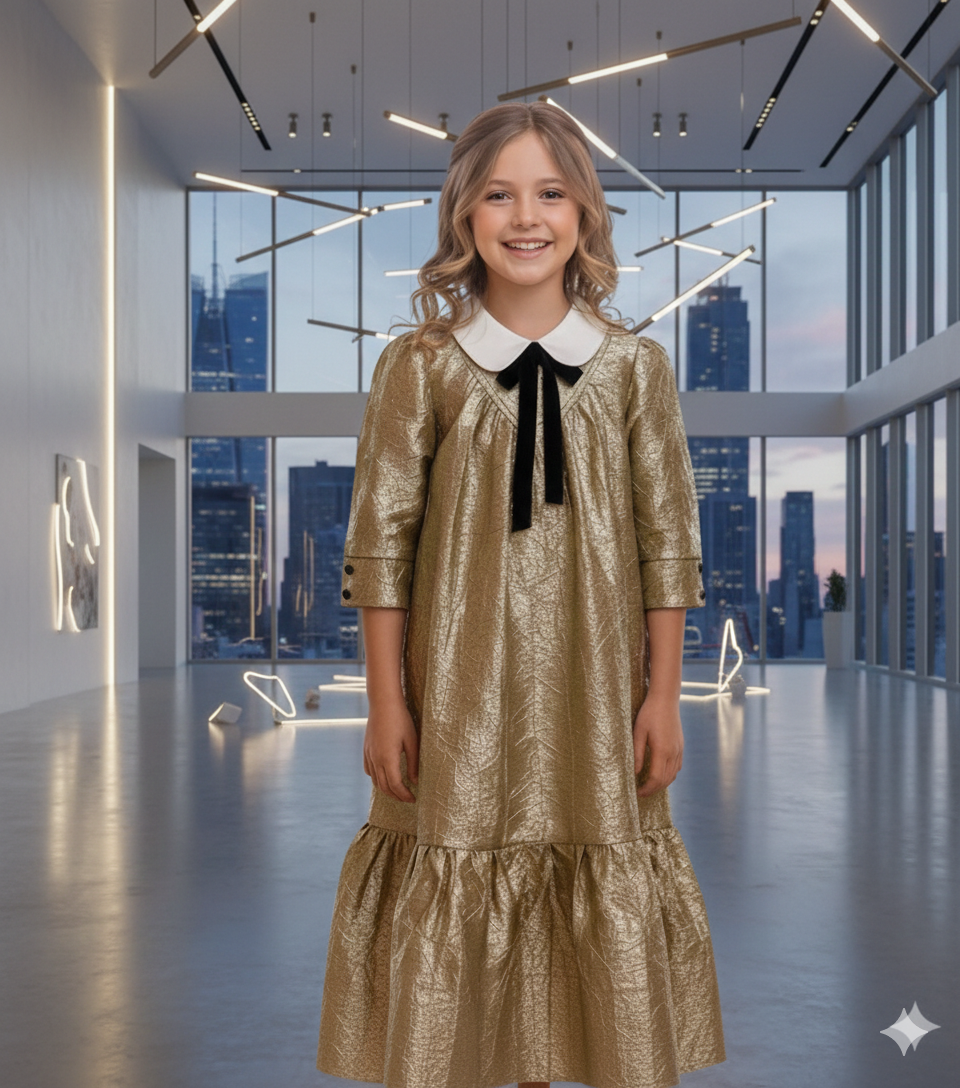 Gold Brocade Maxi Dress with Velvet Bow - Perfect for Special Occasions