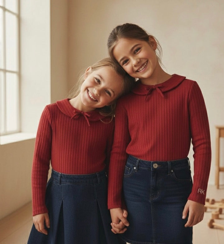 Retro Kid Burgundy Mae Bow Ribbed Collar Tshirt