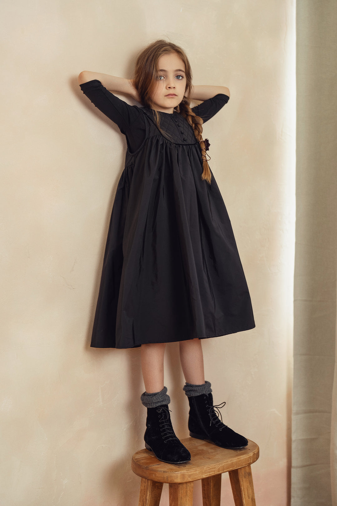 Pompomme Black Quilted Yoke Flared Dress
