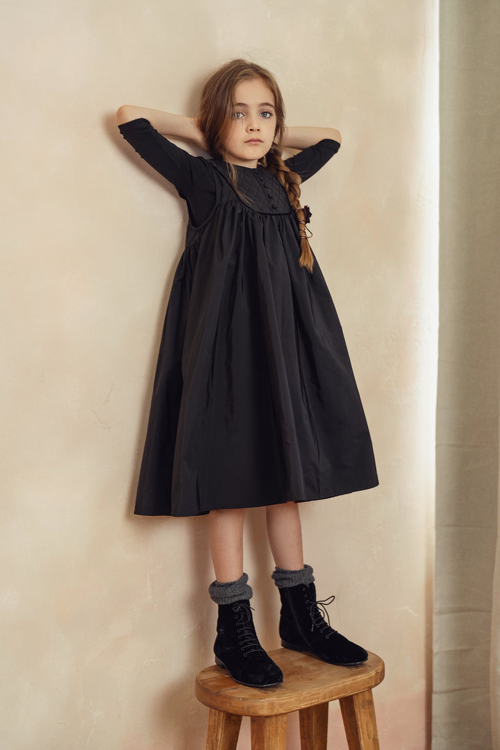Pompomme Black Quilted Yoke Flared Dress