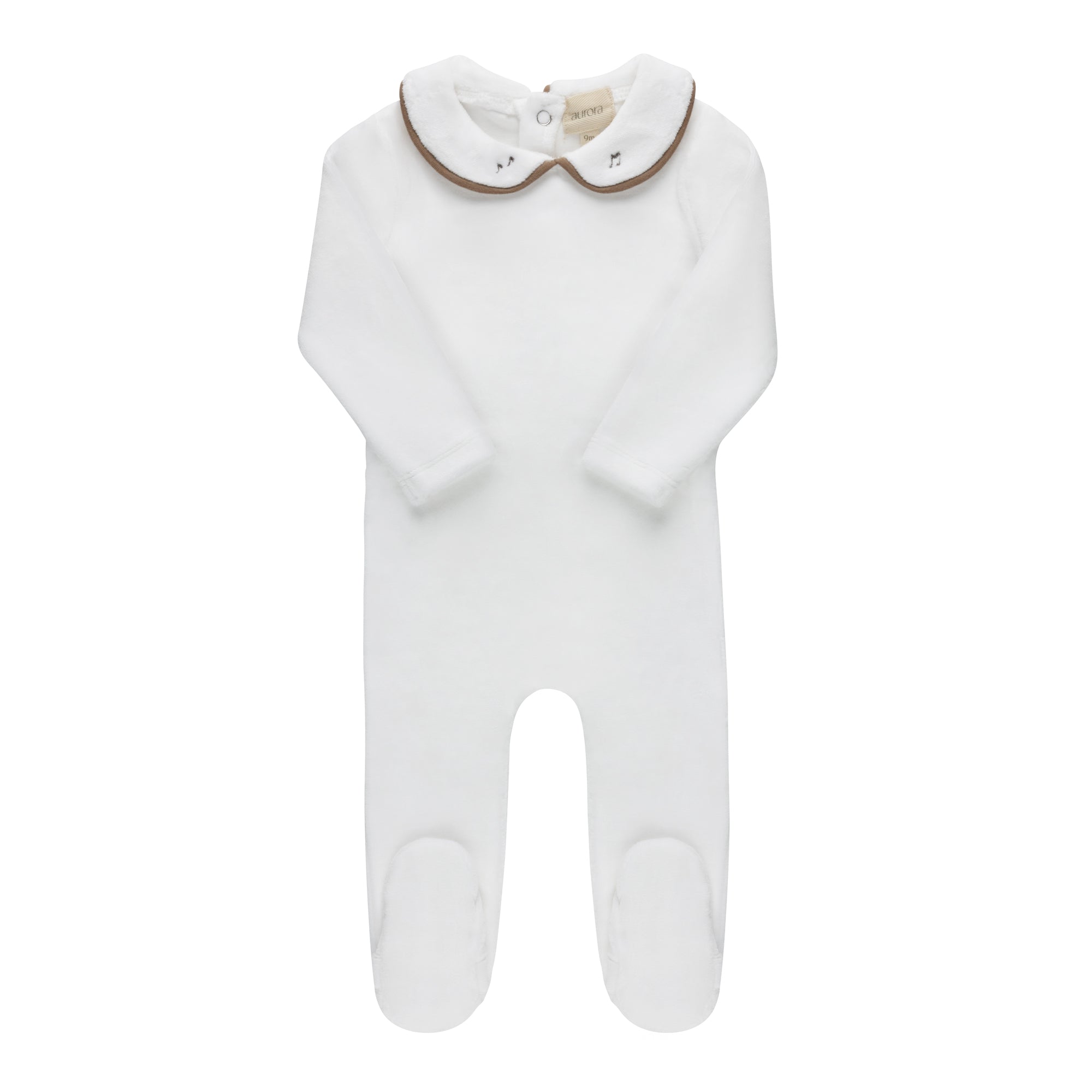 Aurora Ivory/Brown Embroidered Velour Collar Footie