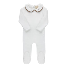 Aurora Ivory/Brown Embroidered Velour Collar Footie