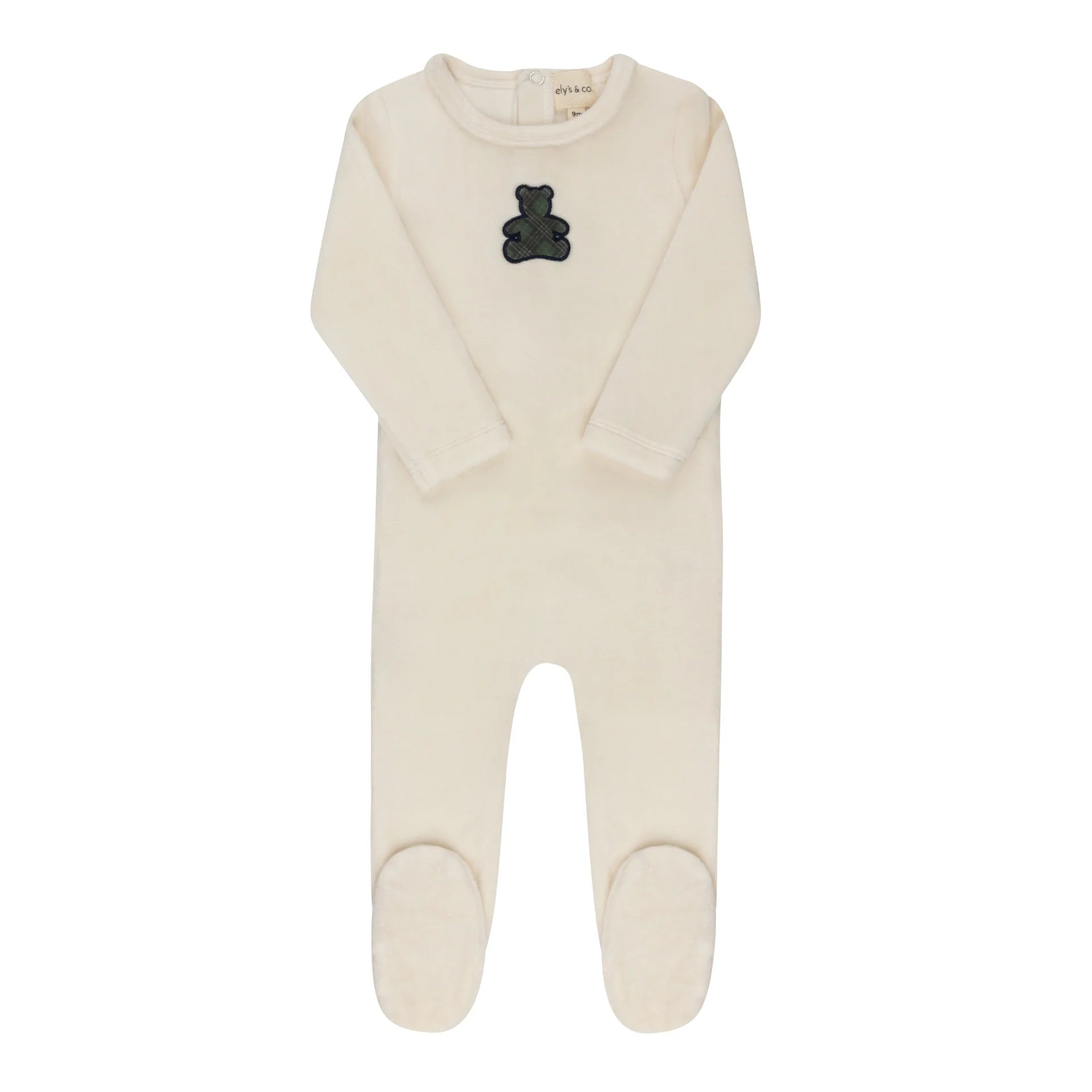 Ely's & Co Ivory/Blue Velour Plaid Bear Footie