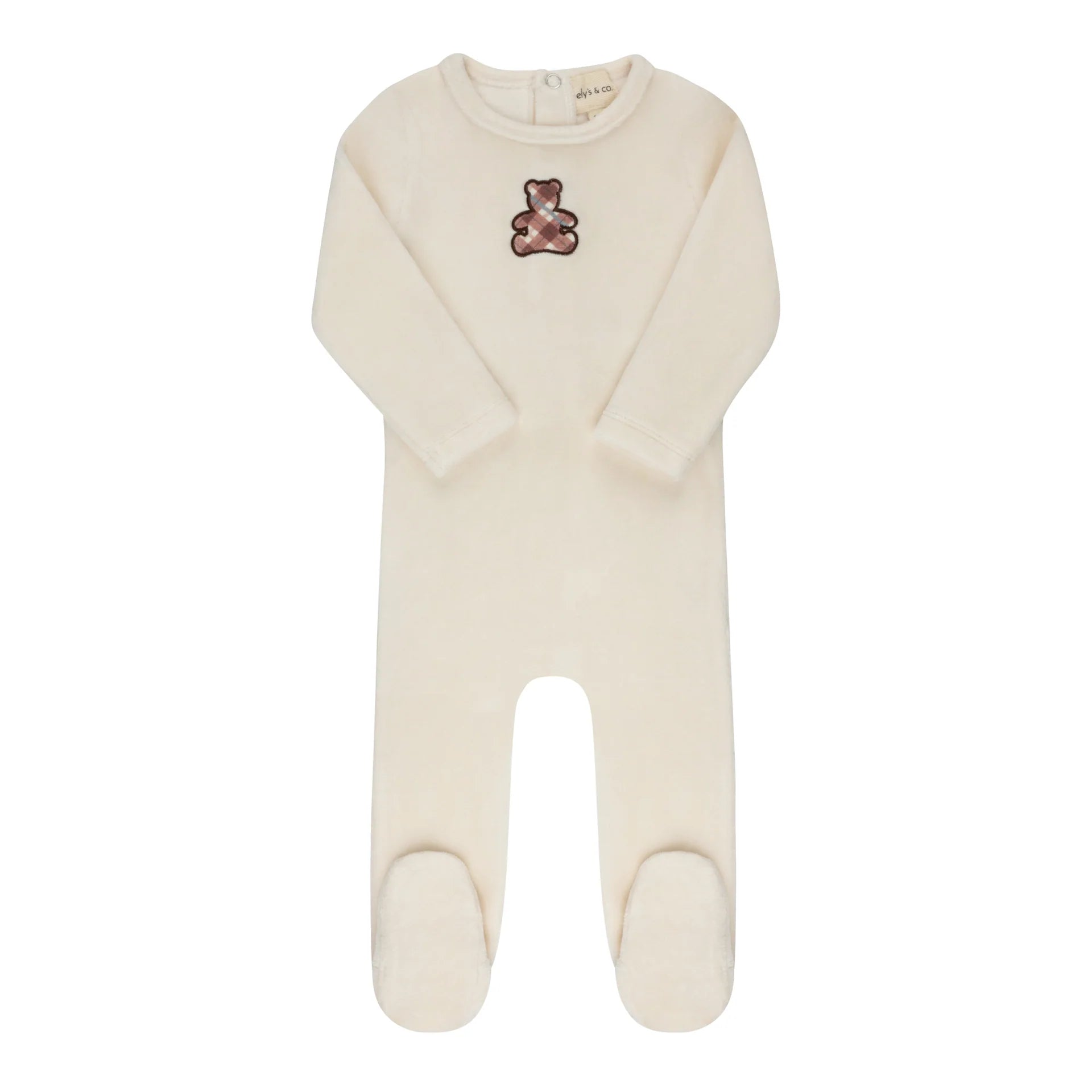 Ely's & Co Ivory/Pink Velour Plaid Bear Footie