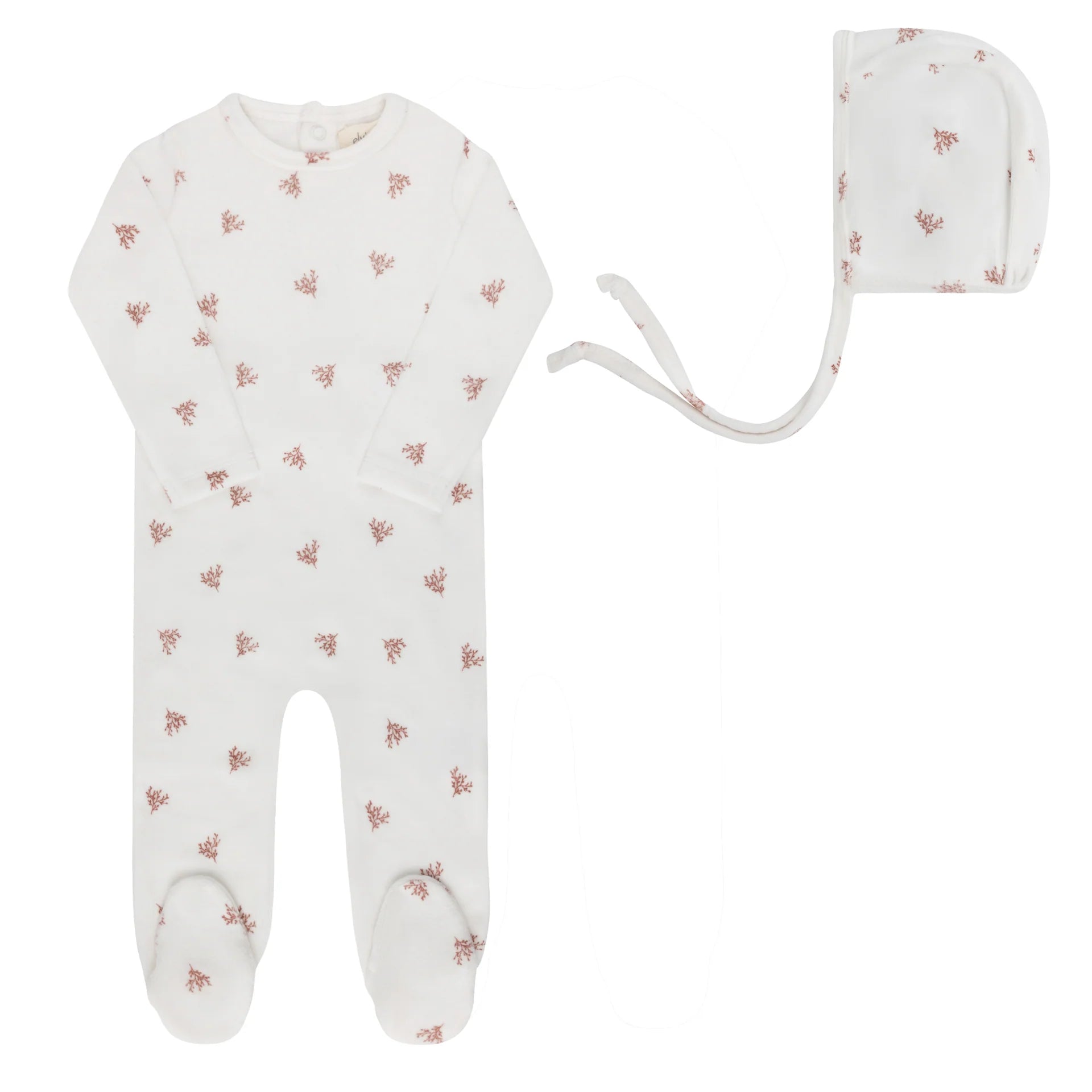 Ely's & Co Ivory Girls Velour Leaf Footie + Bonnet