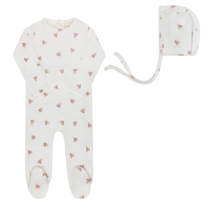Ely's & Co Ivory Girls Velour Leaf Footie + Bonnet