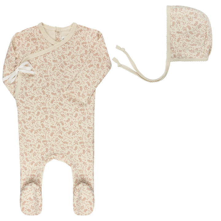 Ely's & Co Ivory/Pink Vine Footie + Bonnet