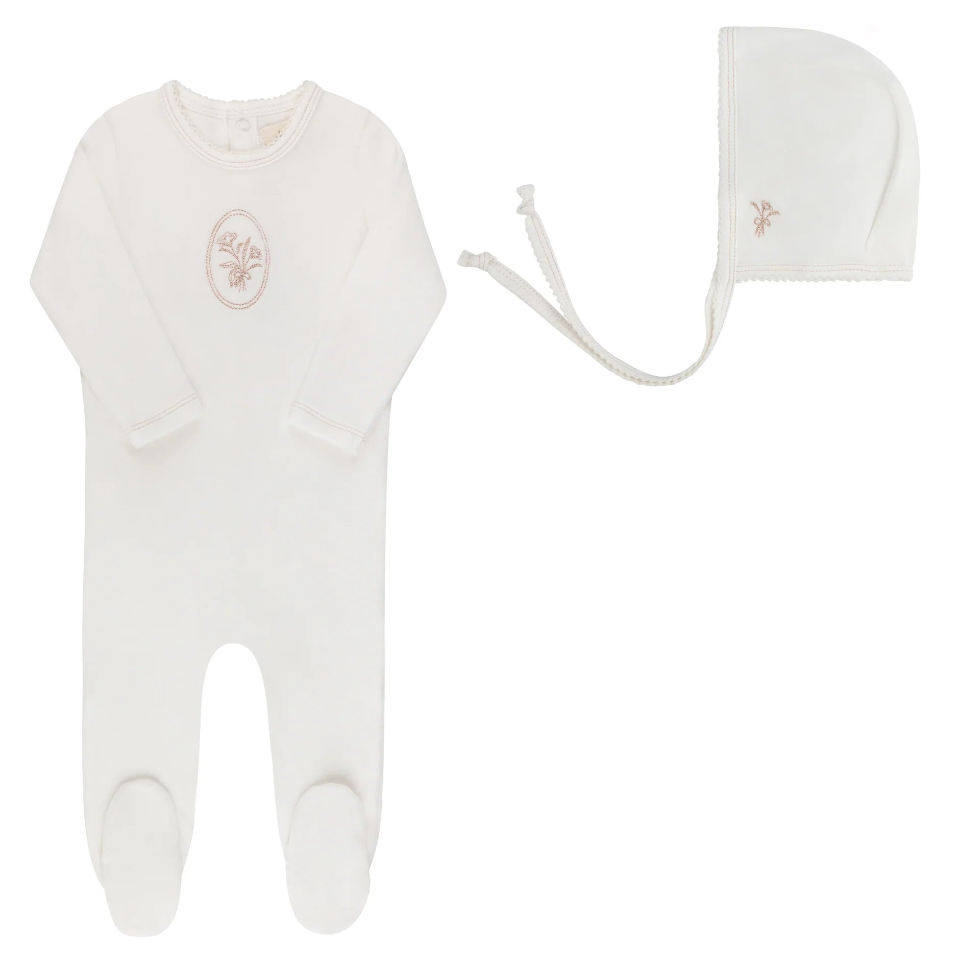 Ely's & Co Ivory Rosegold Velour Center Floral Footie + Bonnet