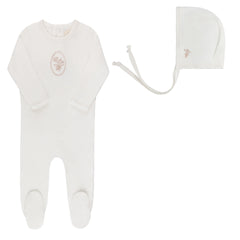 Ely's & Co Ivory Rosegold Velour Center Floral Footie + Bonnet