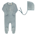 Ely's & Co Blue Velour Center Floral Footie + Bonnet