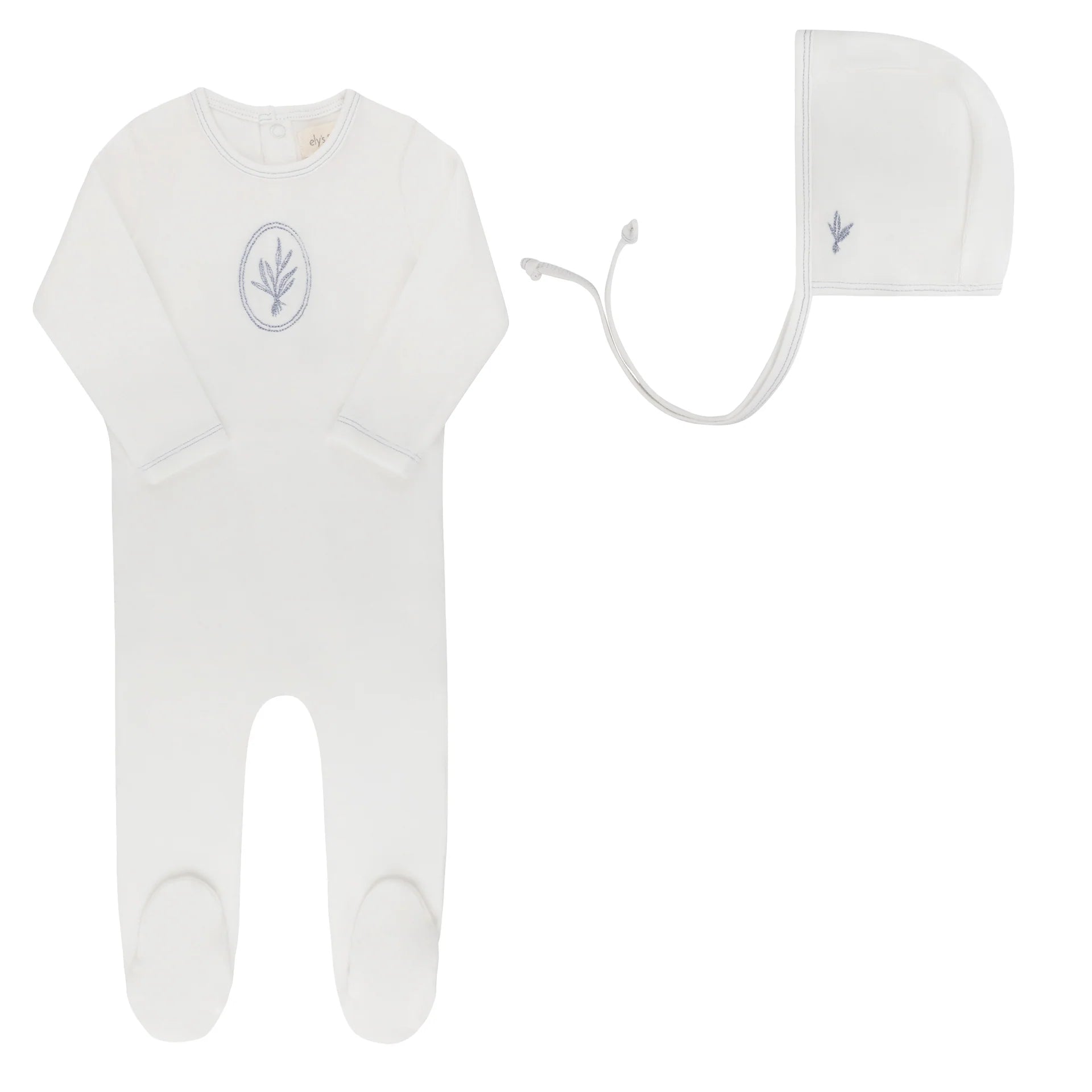 Ely's & Co Ivory/Blue Velour Center Floral Footie + Bonnet