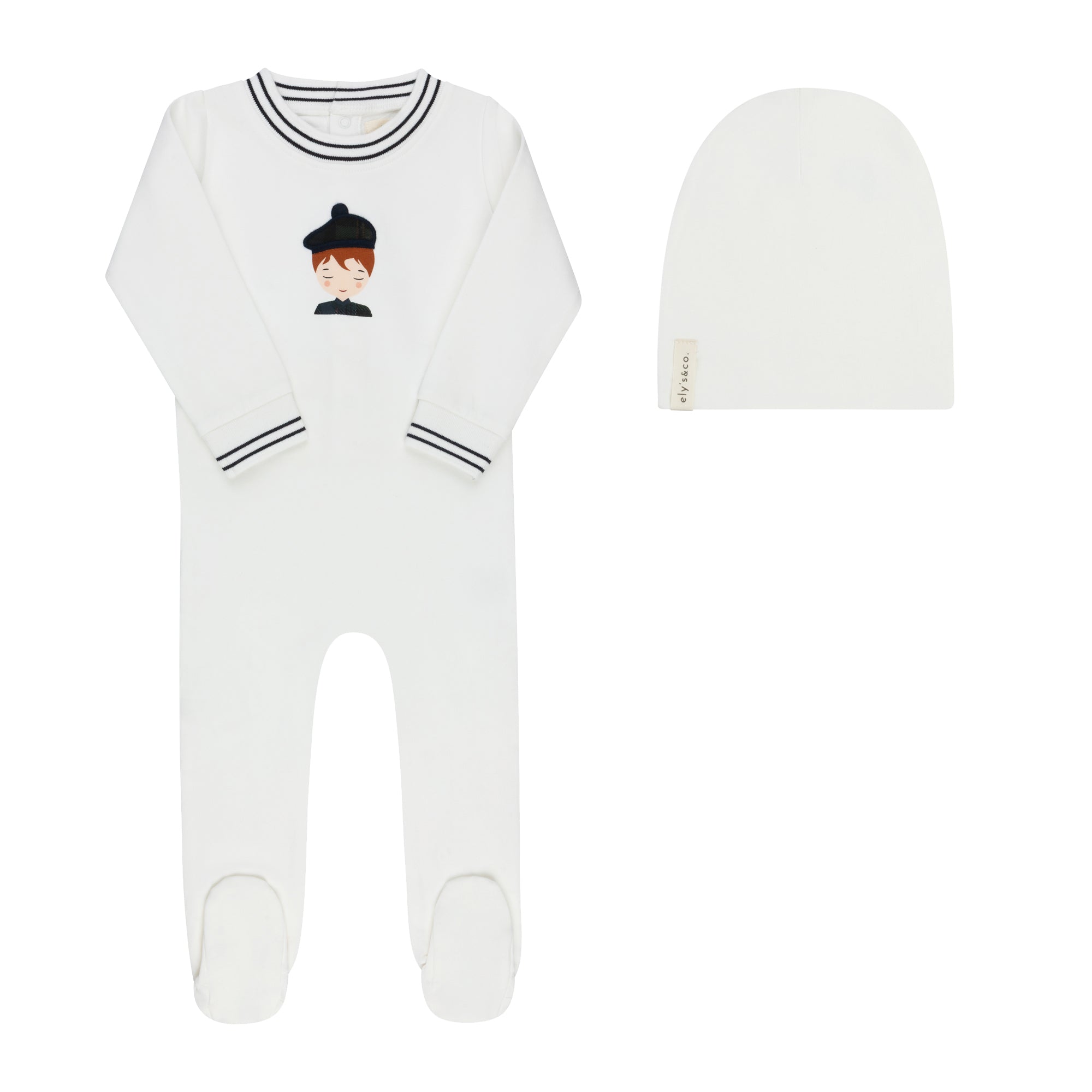Ely’s & Co. – Boy French Terry Scottish Footie + Beanie | Ivory & Navy