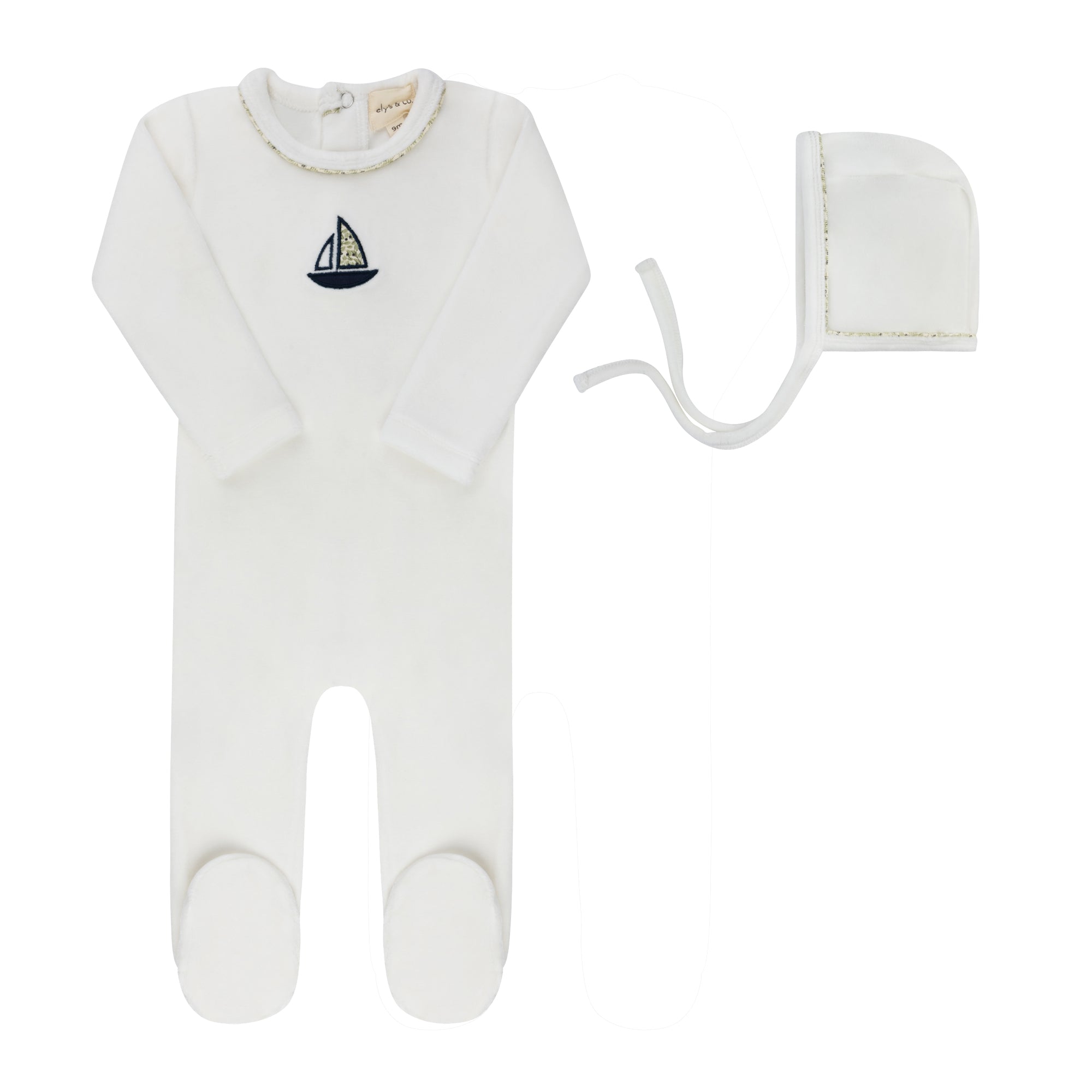 Ely’s & Co. – Boy Embroidered Berry Footie + Hat | Ivory & Blue