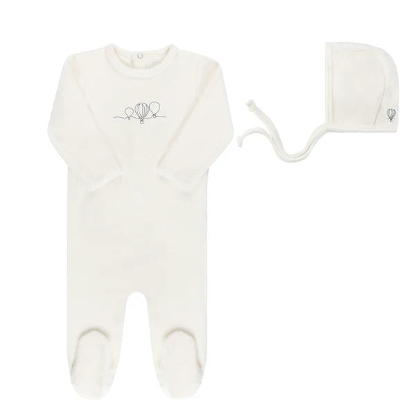 Ely's & Co Ivory Velour Embroidered Hot Air Balloon Footie + Bonnet