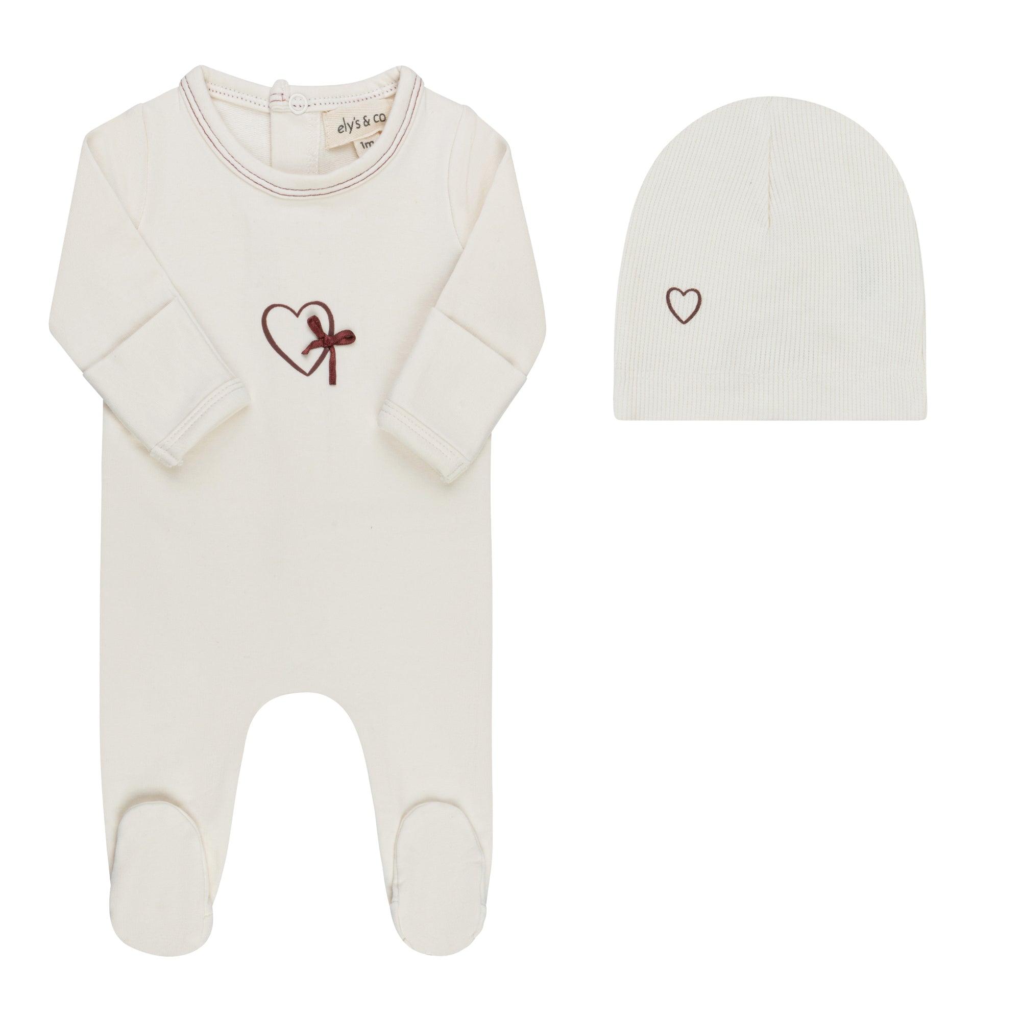 Ely’s & Co. – Girl Heart Footie + Beanie | Ivory & Burgundy