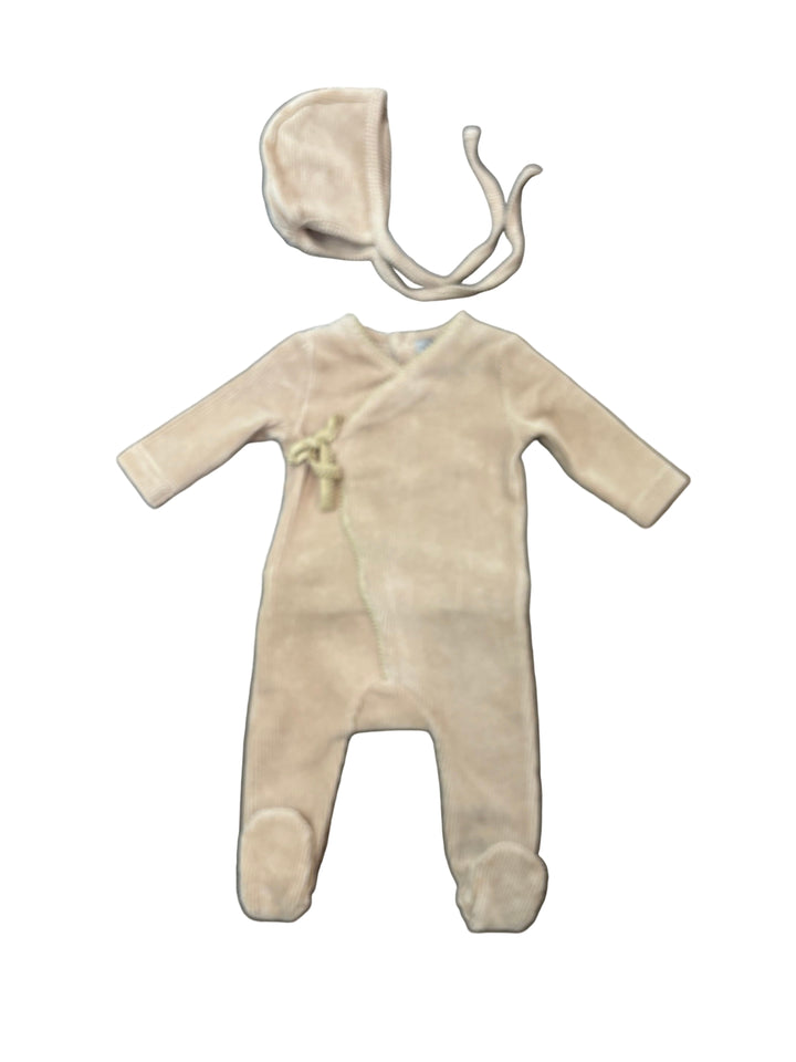 Little Lux  Ribbed Picot Trim Velour Footie + Bonnet