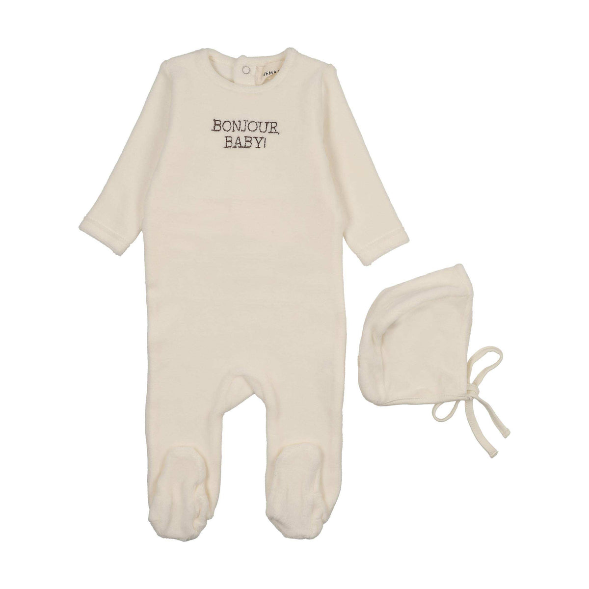 Mema Knits Otter Bonjour Baby Stitched Velour Footie + Bonnet
