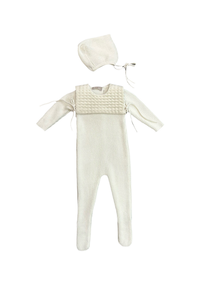 Carmina Ivory Baby Footie with Matching Bib & Bonnet – Luxury Newborn Outfit