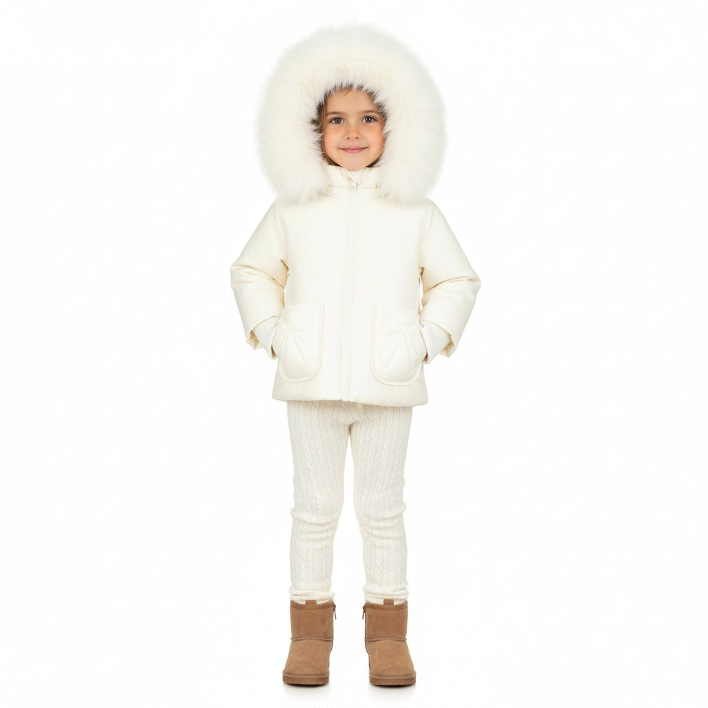 Pramie Little Girls Ivory Bow Jacket 12M–18M | Elegant Baby Coat with Sweet Bow Accent