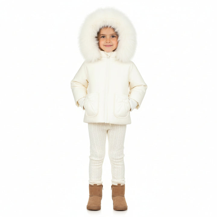 Pramie Little Girls Ivory Bow Jacket 12M–18M | Elegant Baby Coat with Sweet Bow Accent