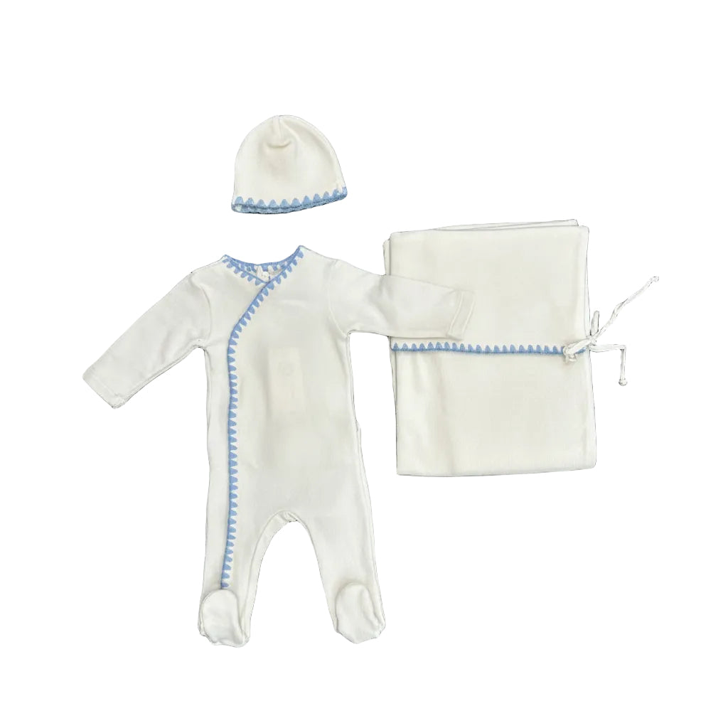 Latte Baby 3pc Ivory-Blue Embroidered Onesie+Beanie+Blanket
