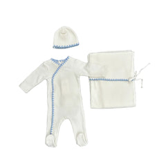 Latte Baby 3pc Ivory-Blue Embroidered Onesie+Beanie+Blanket