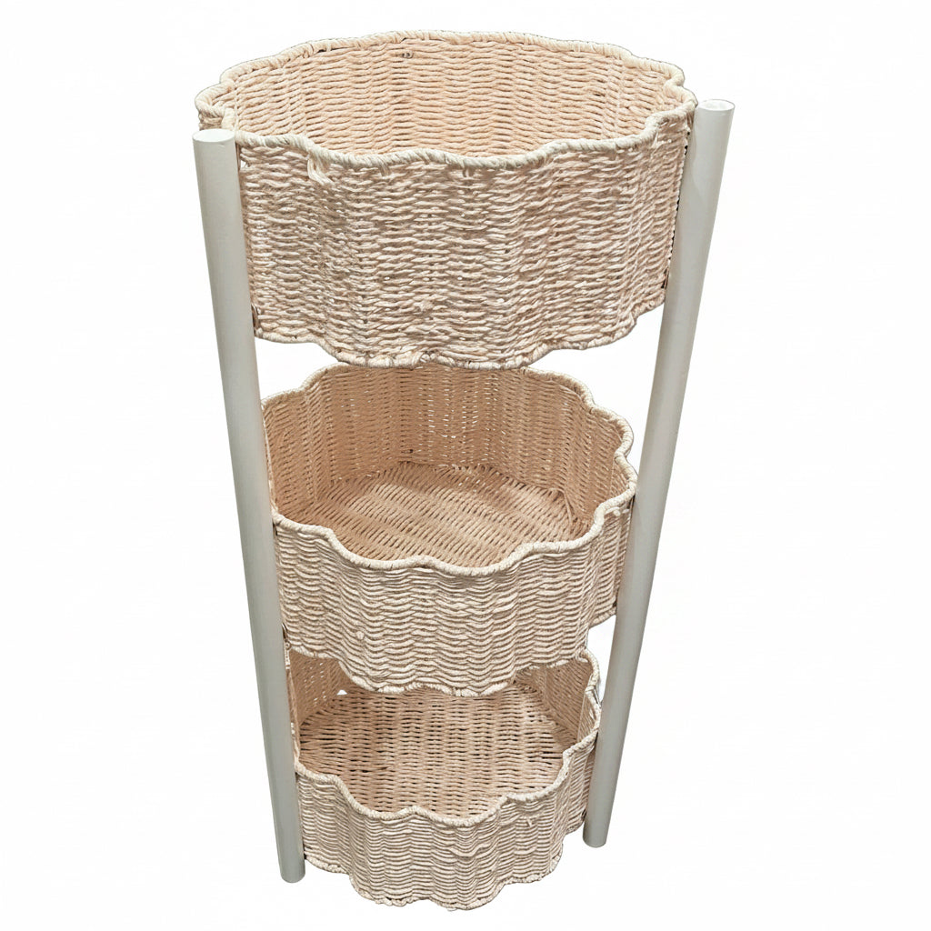 Scalloped Rattan – 3-Tier Shelf | Pink & White