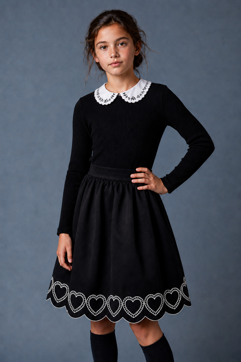 We the Kids Embroidered Collar Rib Knit Top + Skirt Set Black