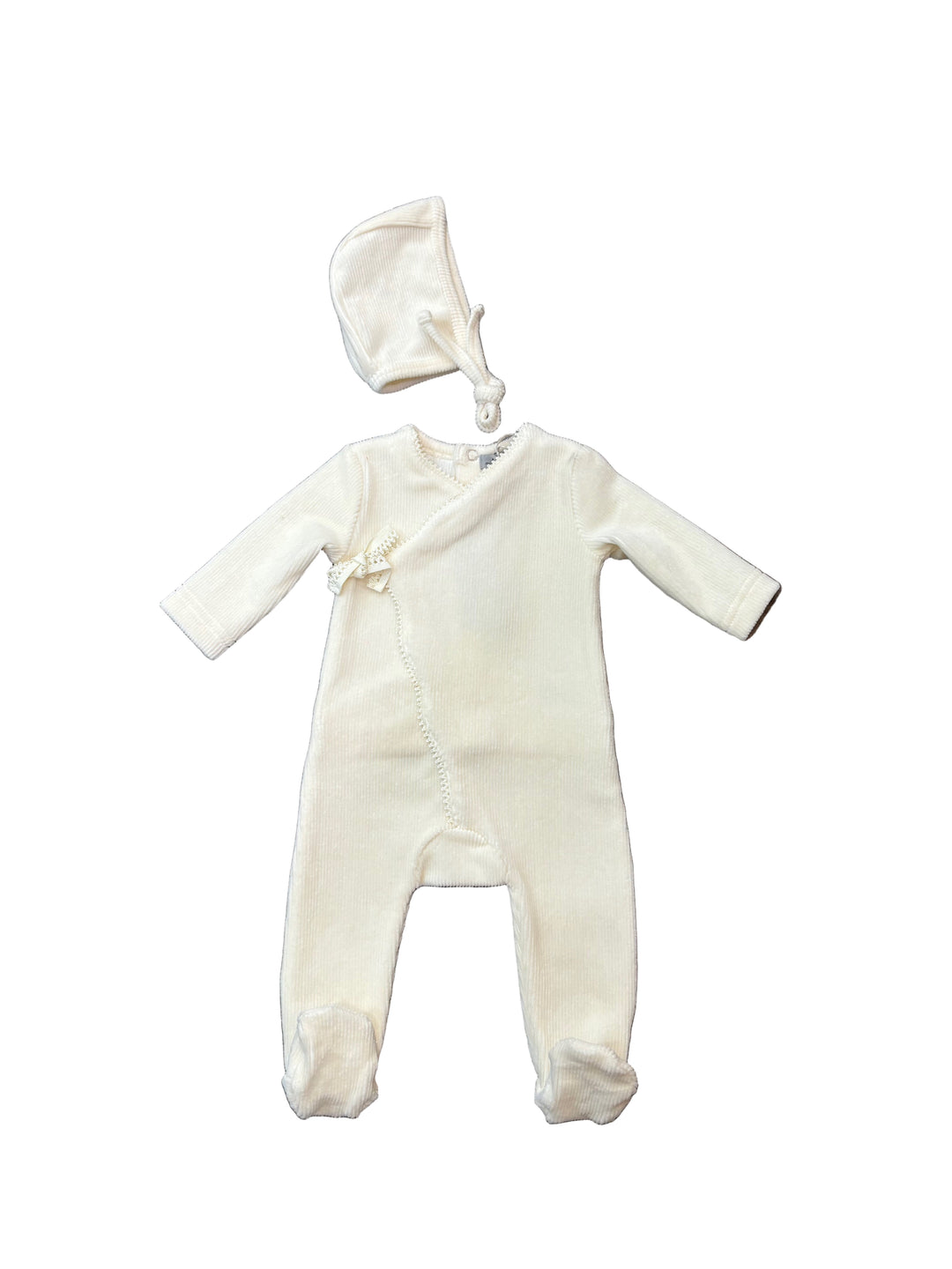 Little Lux  Ribbed Picot Trim Velour Footie + Bonnet