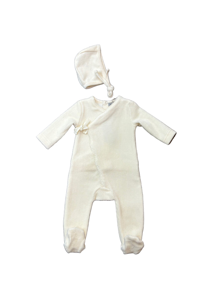 Little Lux  Ribbed Picot Trim Velour Footie + Bonnet