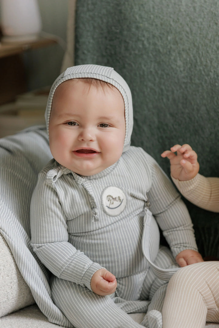 Aurora Blue Rocking Horse Footie + Bonnet