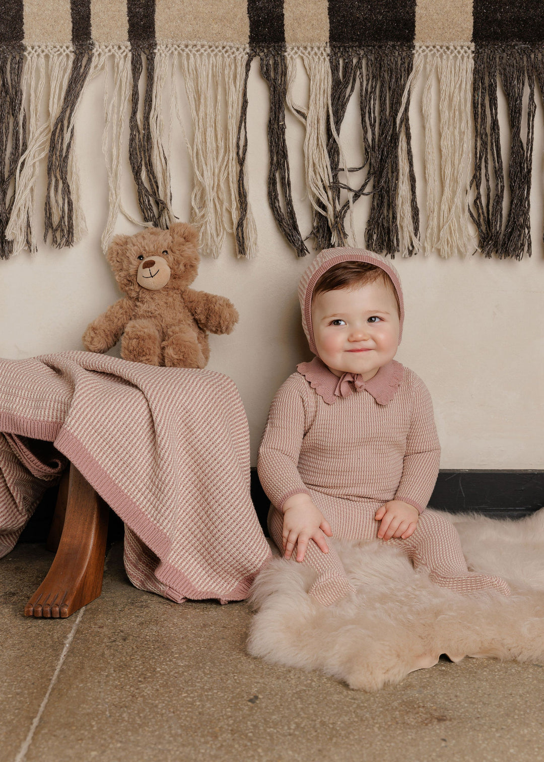 Looms Pink/Ivory Thin Stripe Footie + Bonnet