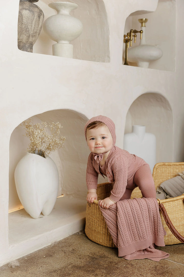 Looms Mauve Cable Pointelle Cardigan + Bonnet