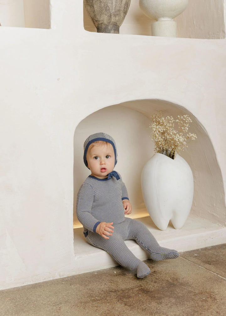 Looms Blue/Ivory Thin Stripe Footie + Bonnet