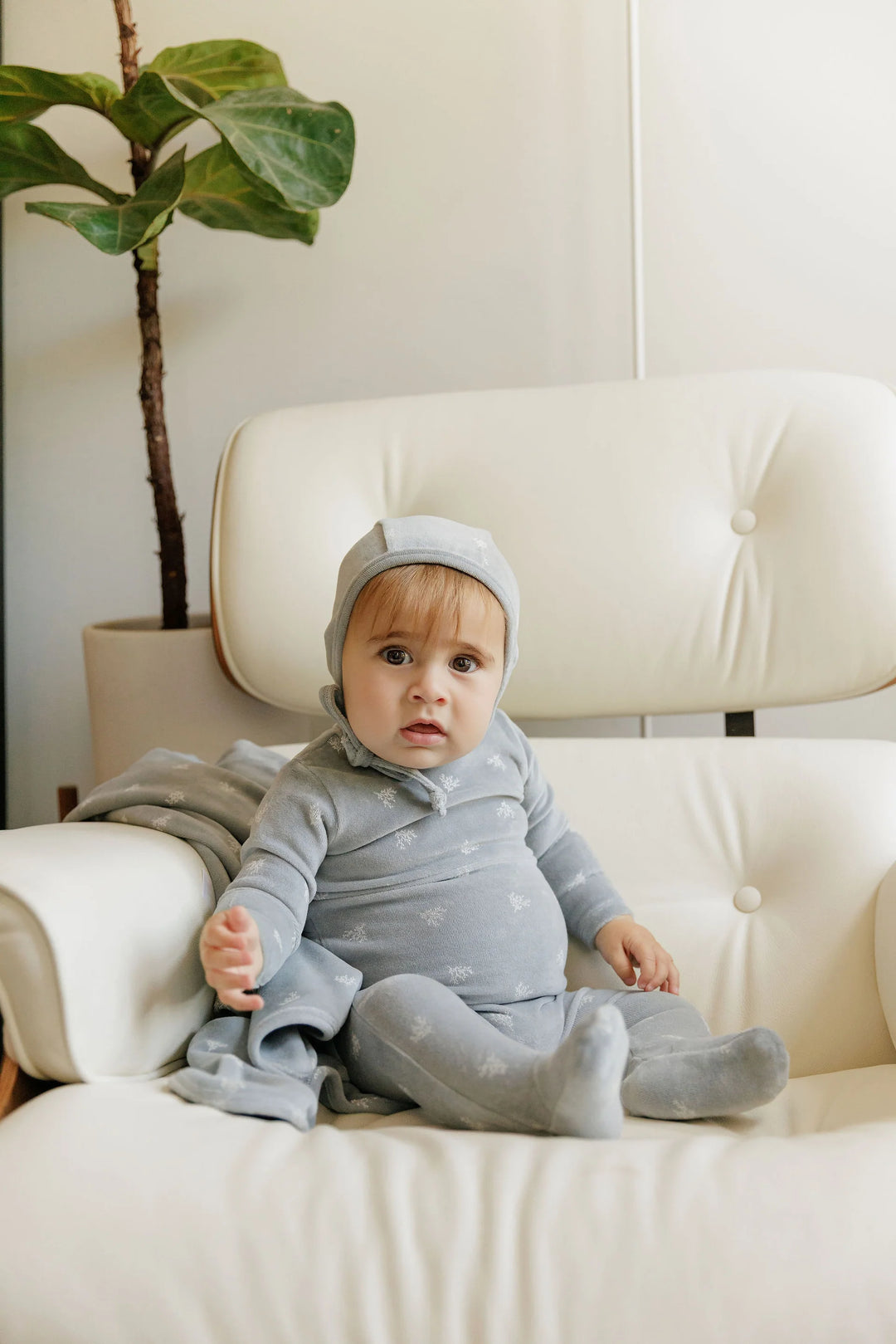 Ely's & Co Blue Velour Leaf Footie + Bonnet