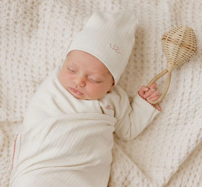 Ely's & Co Ivory/Pink Cotton Little One Footie + Beanie