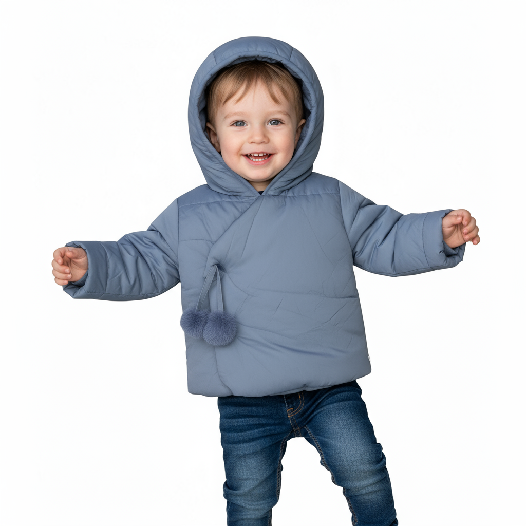 Mid Blue Winter Jacket with Pompom Tie | Cozy, Cute & Warm Outerwear