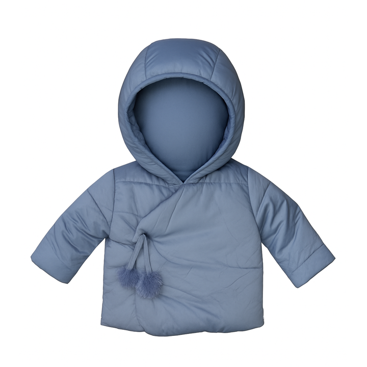 Mid Blue Winter Jacket with Pompom Tie | Cozy, Cute & Warm Outerwear